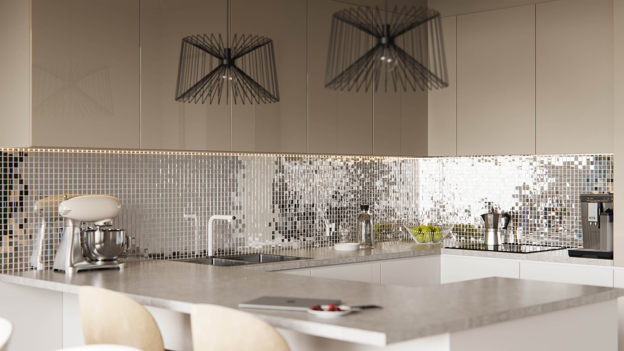 mirror backsplash in Kitchen counter